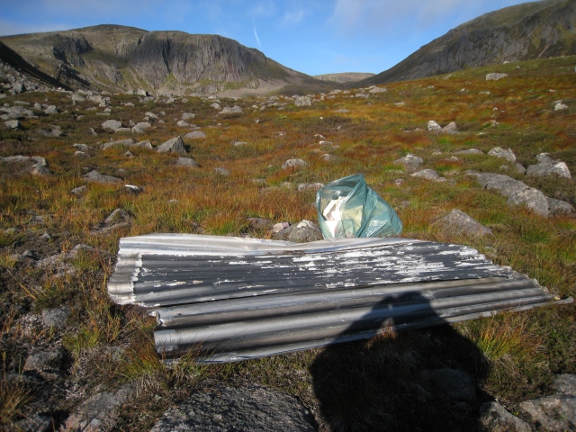 Roofing sheets recovered downwind of the Hutchison Hut in Coire Etchachan after the storm